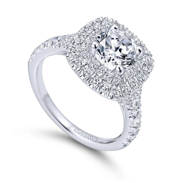 14K White Gold Cushion Double Halo Round Diamond Engagement Ring