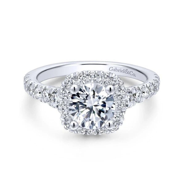 14K White Gold Cushion Halo Round Diamond Engagement Ring