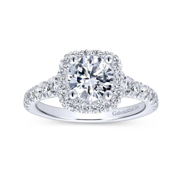 14K White Gold Cushion Halo Round Diamond Engagement Ring