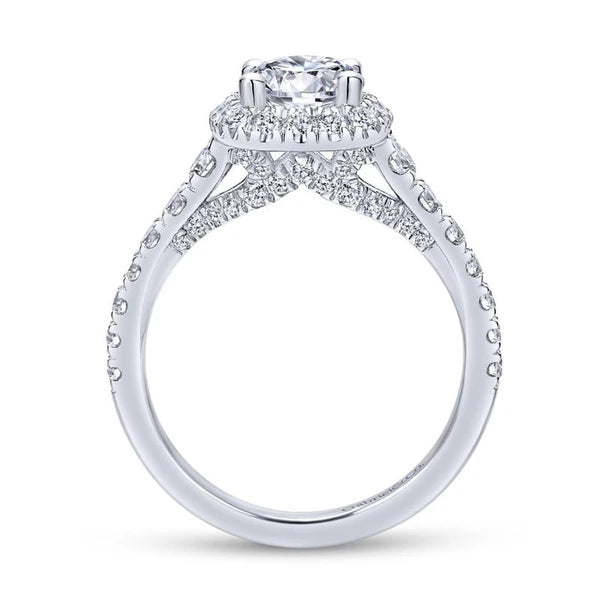 14K White Gold Cushion Halo Round Diamond Engagement Ring