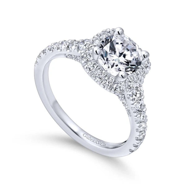 14K White Gold Cushion Halo Round Diamond Engagement Ring