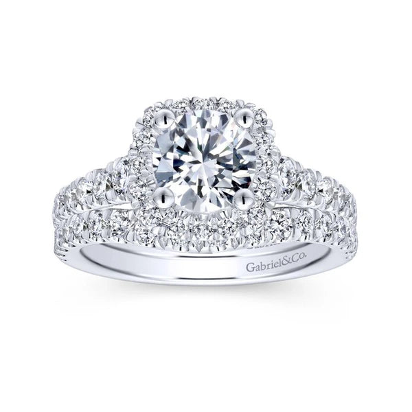 14K White Gold Cushion Halo Round Diamond Engagement Ring