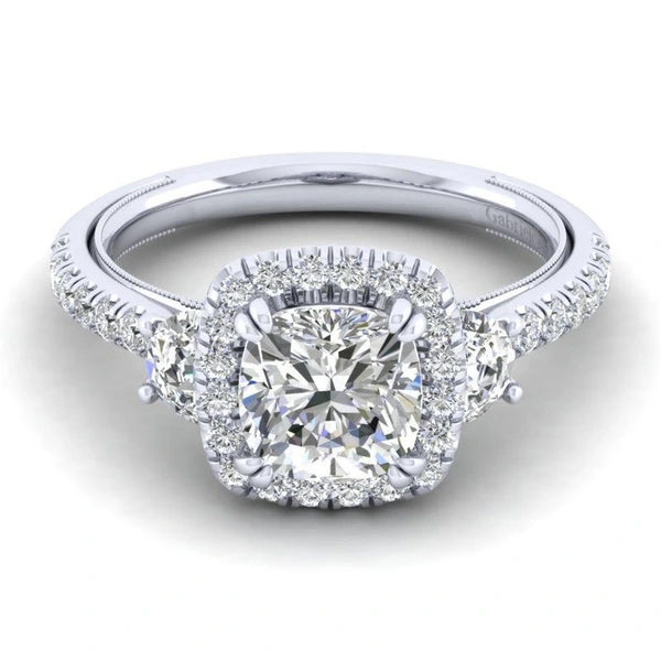 Vintage Inspired 14K White Gold Cushion Three Stone Halo Diamond Engagement Ring