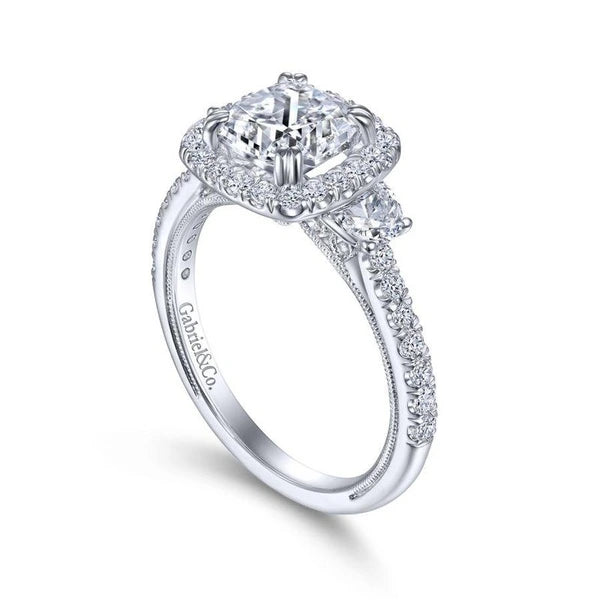 Vintage Inspired 14K White Gold Cushion Three Stone Halo Diamond Engagement Ring