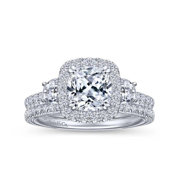 Vintage Inspired 14K White Gold Cushion Three Stone Halo Diamond Engagement Ring