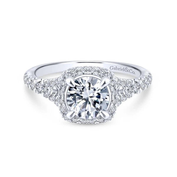 14K White Gold Cushion Halo Round Diamond Engagement Ring