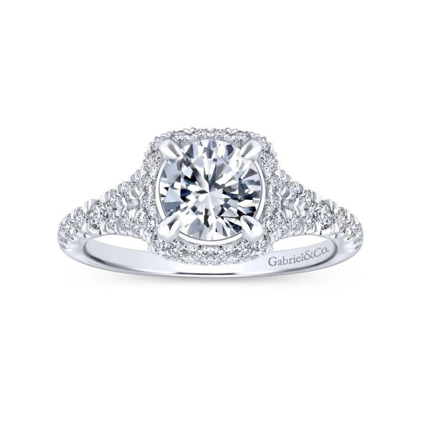 14K White Gold Cushion Halo Round Diamond Engagement Ring