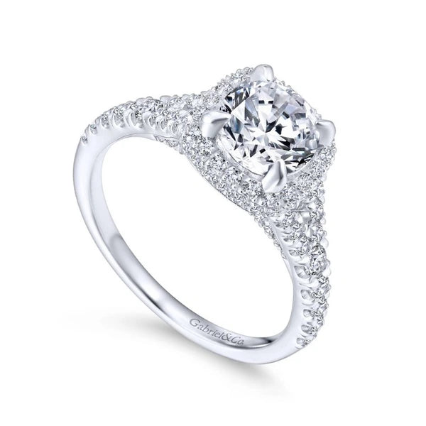 14K White Gold Cushion Halo Round Diamond Engagement Ring
