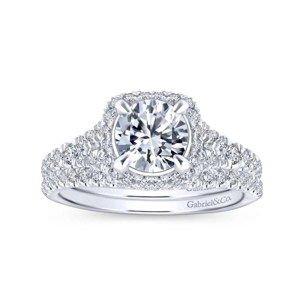 14K White Gold Cushion Halo Round Diamond Engagement Ring