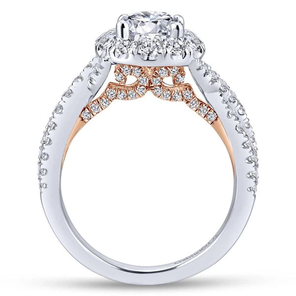 14K White-Rose Gold Round Halo Diamond Engagement Ring