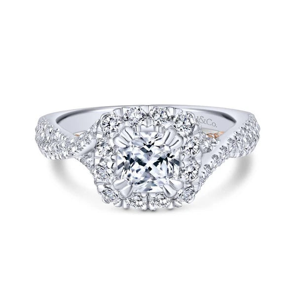 14K White-Rose Gold Cushion Halo Diamond Engagement Ring