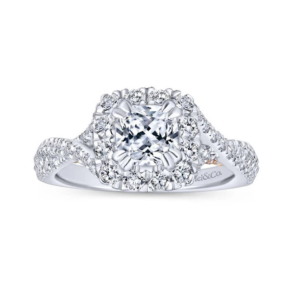 14K White-Rose Gold Cushion Halo Diamond Engagement Ring