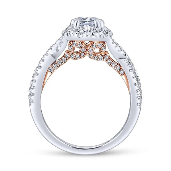 14K White-Rose Gold Cushion Halo Diamond Engagement Ring