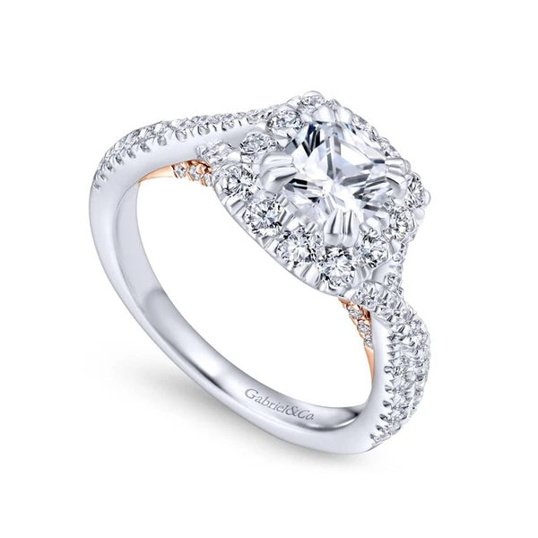 14K White-Rose Gold Cushion Halo Diamond Engagement Ring