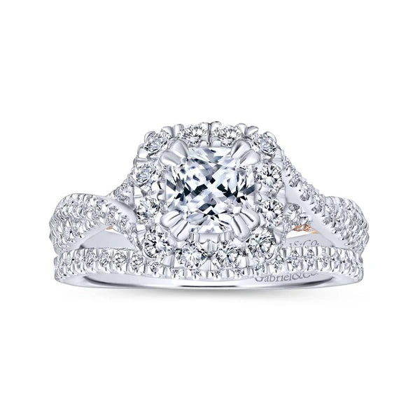 14K White-Rose Gold Cushion Halo Diamond Engagement Ring