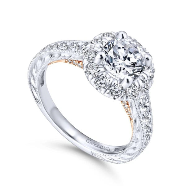 14K White-Rose Gold Round Halo Diamond Engagement Ring