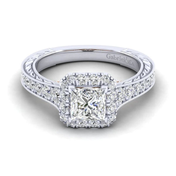 14K White-Rose Gold Princess Halo Diamond Engagement Ring