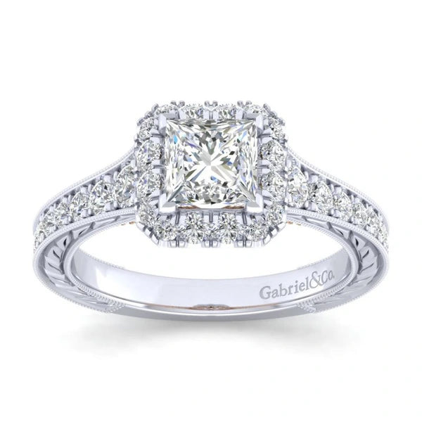 14K White-Rose Gold Princess Halo Diamond Engagement Ring