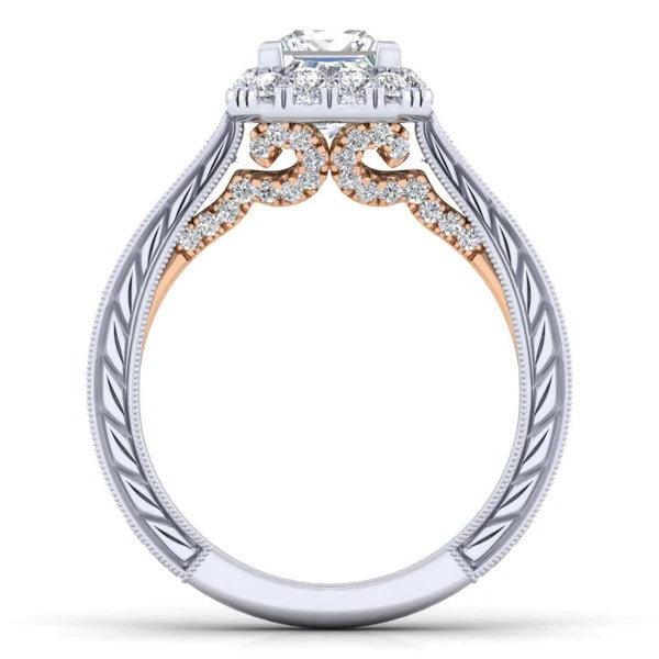 14K White-Rose Gold Princess Halo Diamond Engagement Ring