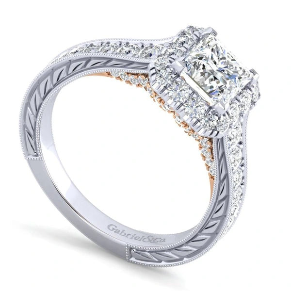 14K White-Rose Gold Princess Halo Diamond Engagement Ring