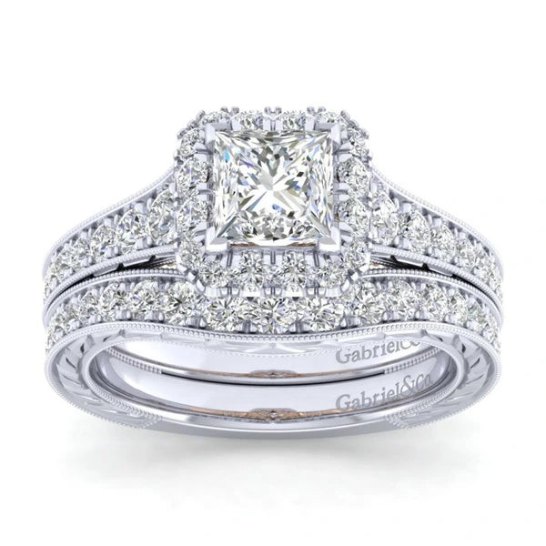 14K White-Rose Gold Princess Halo Diamond Engagement Ring