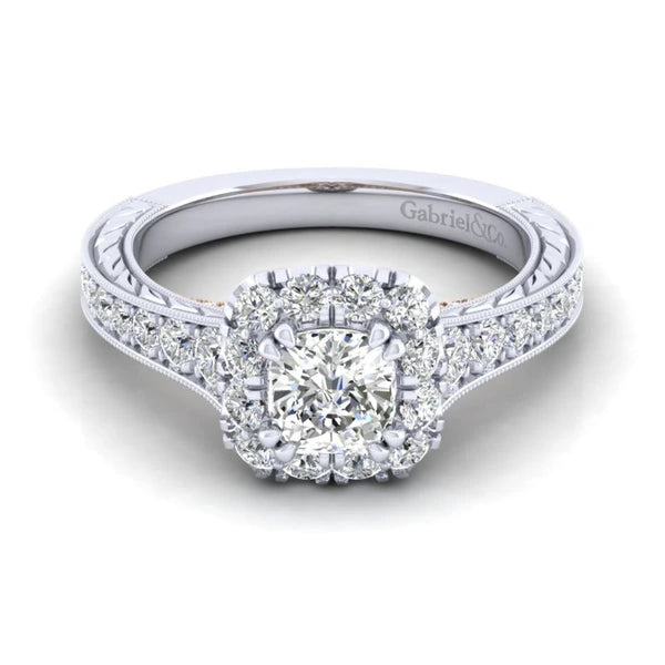 14K White-Rose Gold Cushion Halo Diamond Engagement Ring
