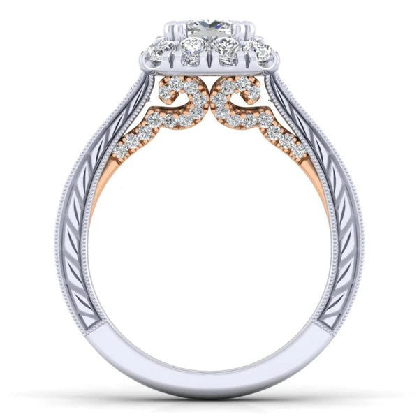 14K White-Rose Gold Cushion Halo Diamond Engagement Ring