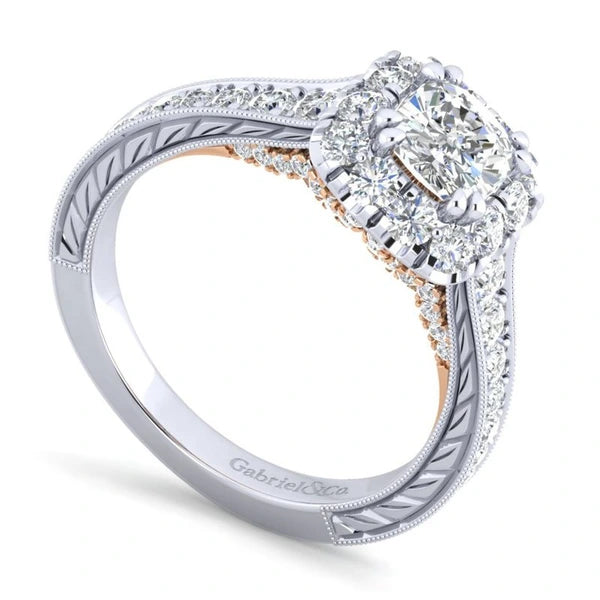 14K White-Rose Gold Cushion Halo Diamond Engagement Ring
