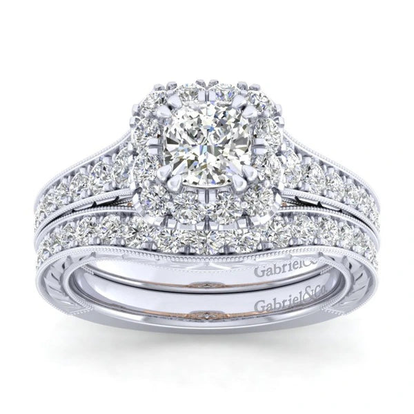 14K White-Rose Gold Cushion Halo Diamond Engagement Ring