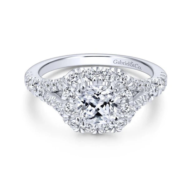 14K White-Rose Gold Cushion Halo Diamond Engagement Ring