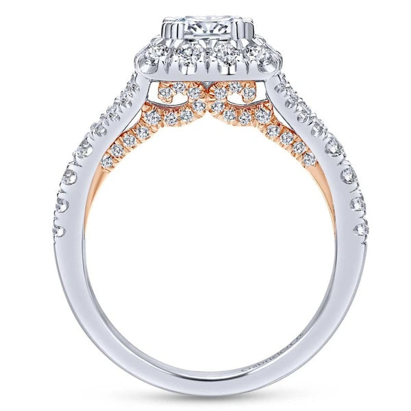 14K White-Rose Gold Cushion Halo Diamond Engagement Ring