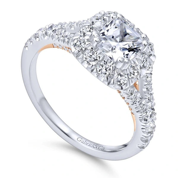 14K White-Rose Gold Cushion Halo Diamond Engagement Ring