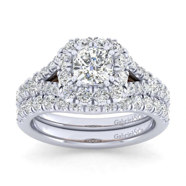 14K White-Rose Gold Cushion Halo Diamond Engagement Ring