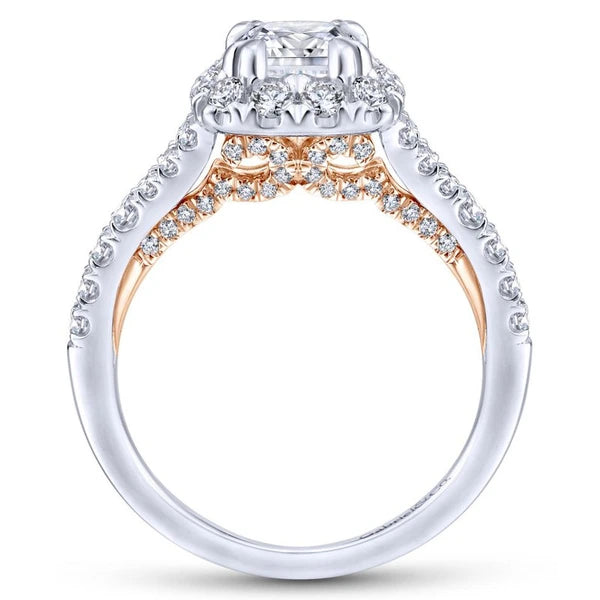 14K White-Rose Gold Cushion Halo Diamond Engagement Ring