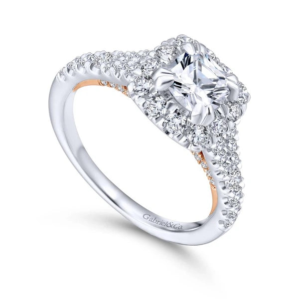 14K White-Rose Gold Cushion Halo Diamond Engagement Ring