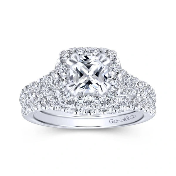 14K White-Rose Gold Cushion Halo Diamond Engagement Ring