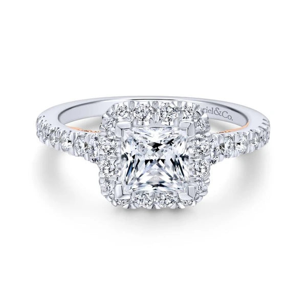 14K White-Rose Gold Princess Halo Diamond Engagement Ring