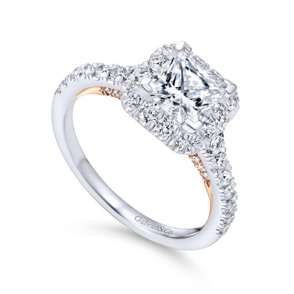 14K White-Rose Gold Princess Halo Diamond Engagement Ring