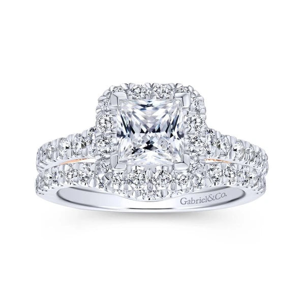 14K White-Rose Gold Princess Halo Diamond Engagement Ring