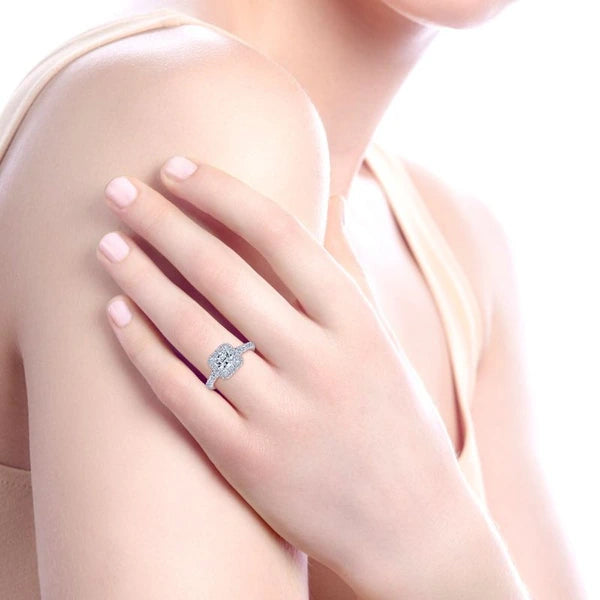14K White-Rose Gold Princess Halo Diamond Engagement Ring