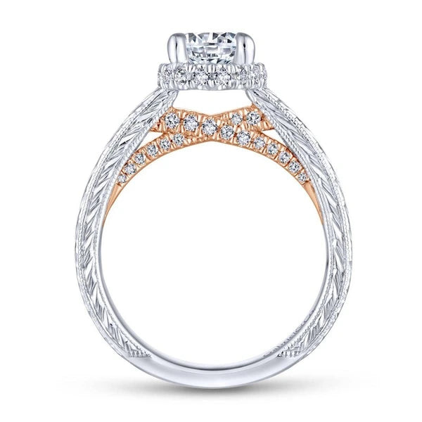 14K White-Rose Gold Hidden Halo Round Diamond Engagement Ring
