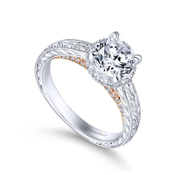14K White-Rose Gold Hidden Halo Round Diamond Engagement Ring