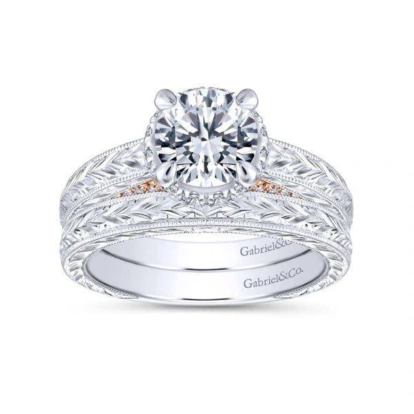 14K White-Rose Gold Hidden Halo Round Diamond Engagement Ring