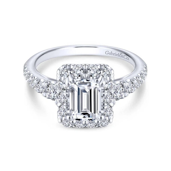 14K White Gold Halo Emerald Cut Diamond Engagement Ring