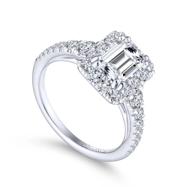 14K White Gold Halo Emerald Cut Diamond Engagement Ring