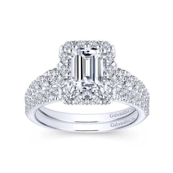 14K White Gold Halo Emerald Cut Diamond Engagement Ring