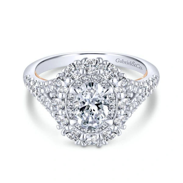 14K White-Rose Gold Oval Double Halo Diamond Engagement Ring