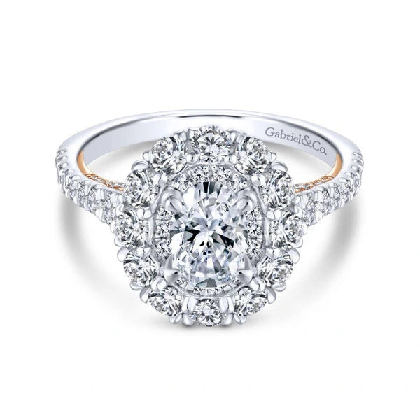 14K White-Rose Gold Oval Double Halo Diamond Engagement Ring