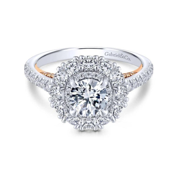 14K White-Rose Gold Round Double Halo Diamond Engagement Ring