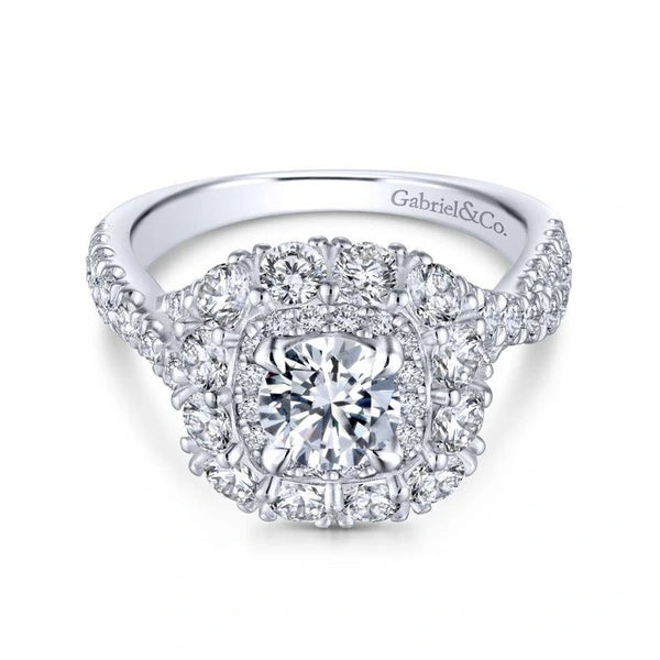 14K White-Rose Gold Round Double Halo Diamond Engagement Ring